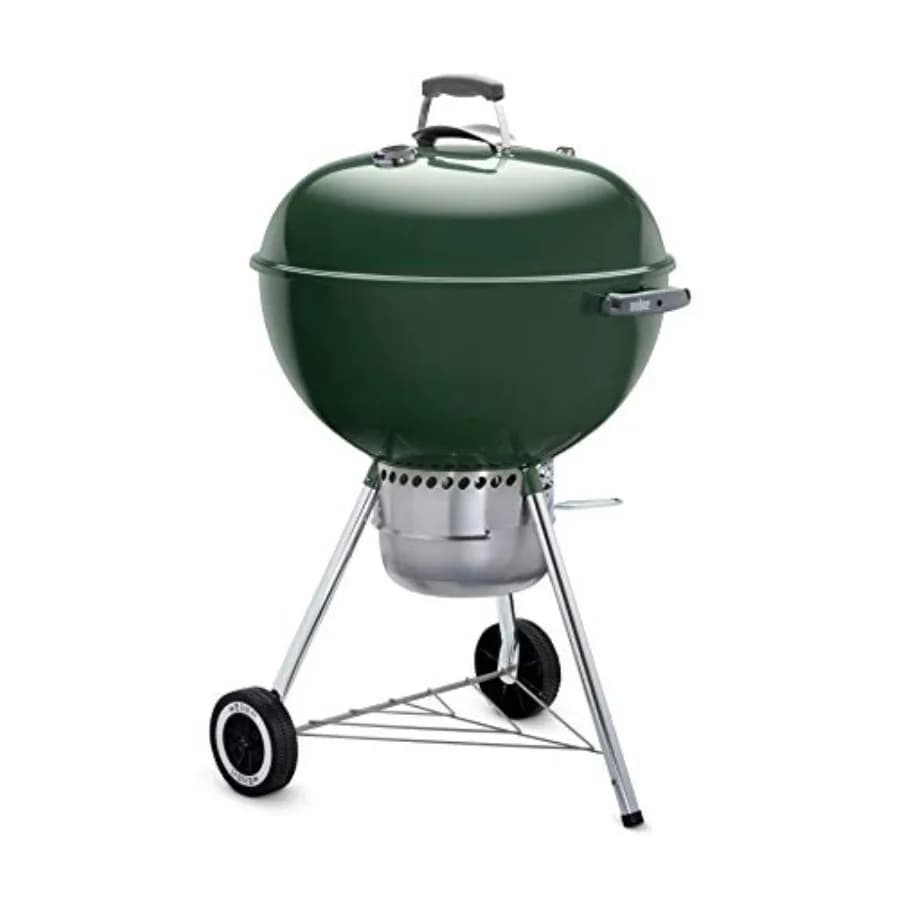 Outdoor barbecue grill with premium charcoal, black finish, integrated thermometer, heat regulation shutters and one-touch cleaning system