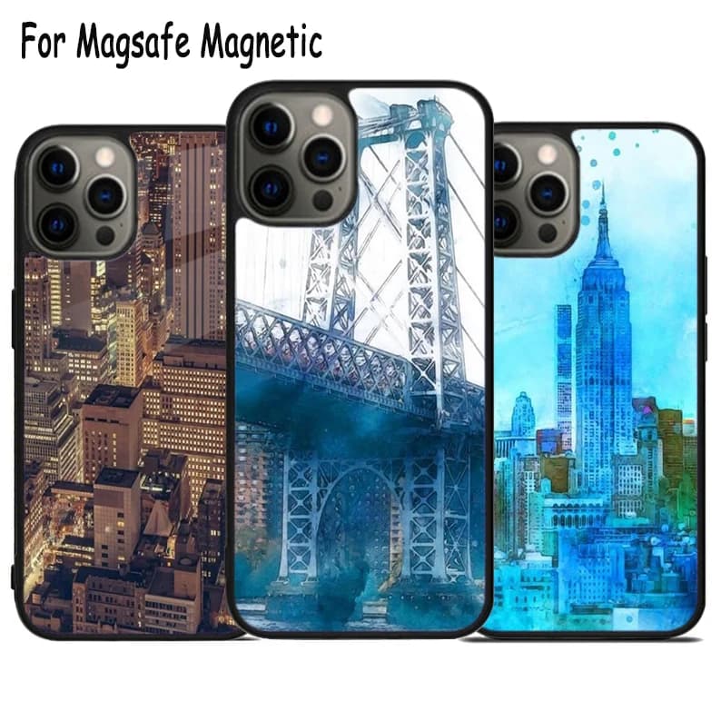 NEW YORK Custodia per telefono con ricarica wireless per iPhone 17 Air 15 16 16e 14 13 11 12 Pro Max Plus, Cover magnetica Magsafe con paraurti