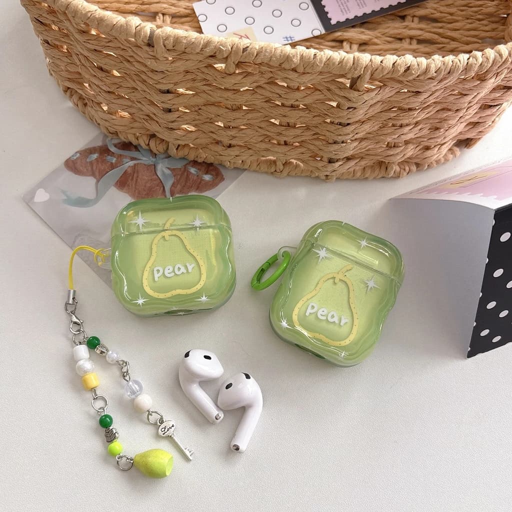 Fresh Green Pear Translucent Wavy Edge With Pendant Shockproof Protective Earphone Cover Case for AirPods 1 or 2 3 4 Pro 2 Pro 3