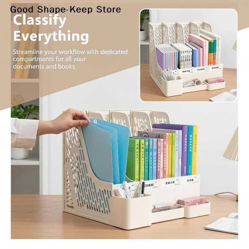 4 Column File Organizer Rack Waterproof PP Material Multi-functional Desktop Holder for Classroom Book Pencil Document Storage