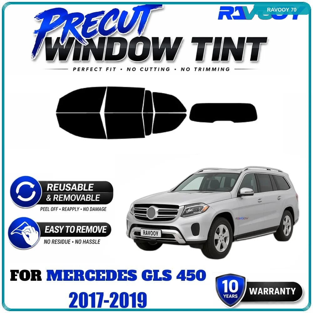 RAVOOY Precut Window Tint, Reusable Removable EPU Film, Custom Fit for Mercedes GLS 450 2017-2019, UV Heat Protection