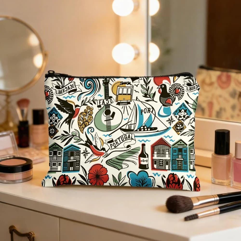 Portugal Fado Tram Bird House Borse per il trucco per ragazze, astuccio per cosmetici, borsa da toilette, astuccio per matite, custodia da viaggio