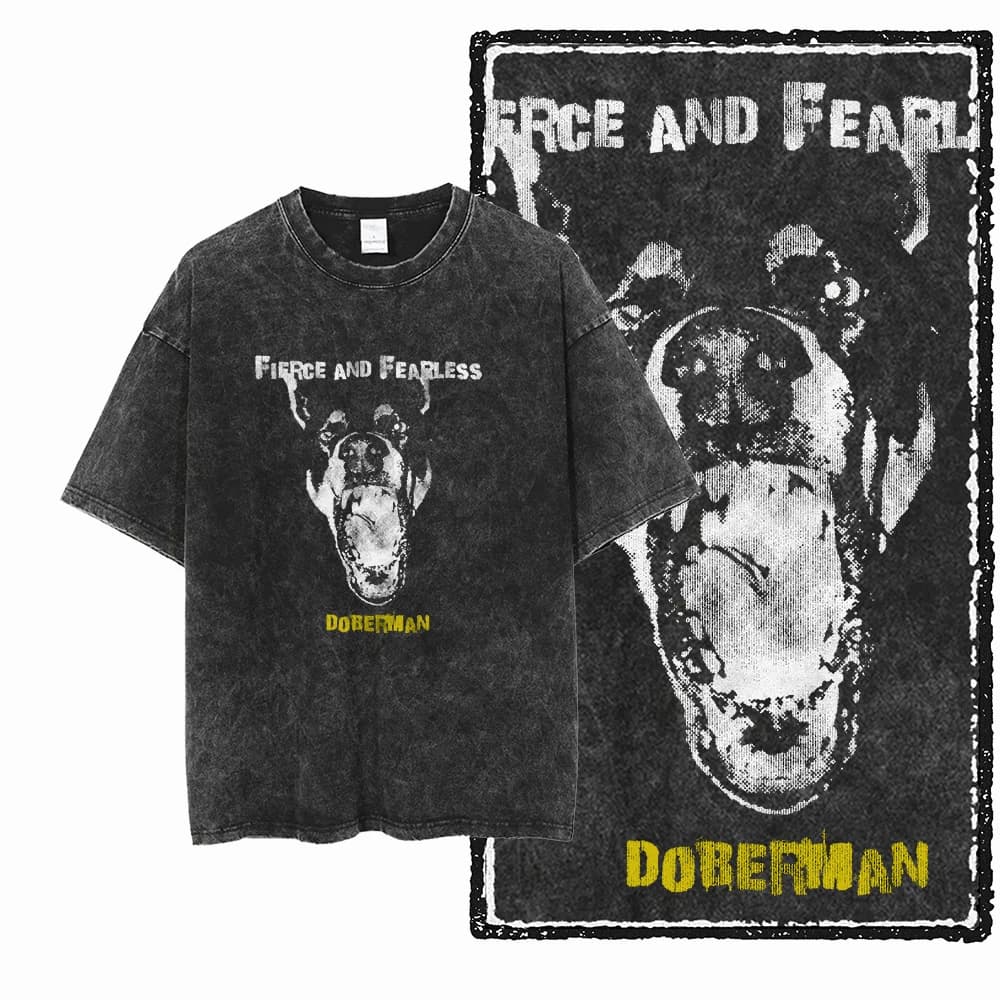 DCC DOBERMAN DOG Stampato Cotone lavato con acido Esclusivo Grafica T-shirt unisex Cool Vintage Streetwear Uomo Magliette Tee per uomo