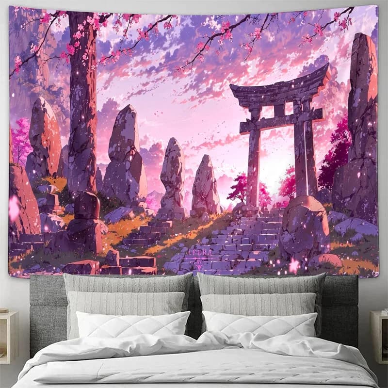 Japanese Sakura Torii Gate Mountain Landscape Wall Tapestry Machine Washable All Season Print Anime Style Oriental Design Home