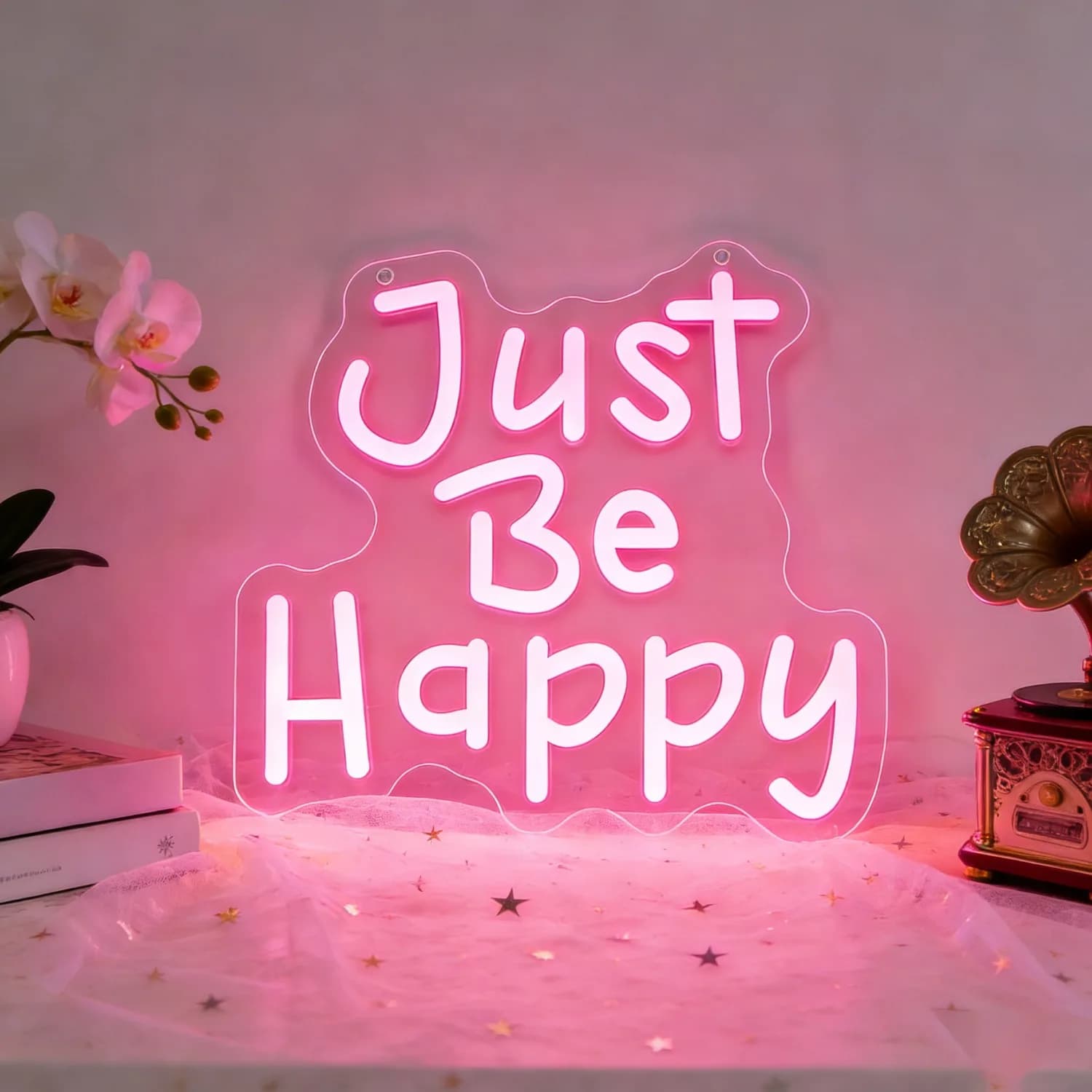 Insegna LED Neon 'Just Be Happy' per Camera da Letto, Soggiorno, Decorazione Casa, Citazione Motivazionale, Regalo Romantico per Matrimoni e Feste, Illuminazione Artistica da Parete