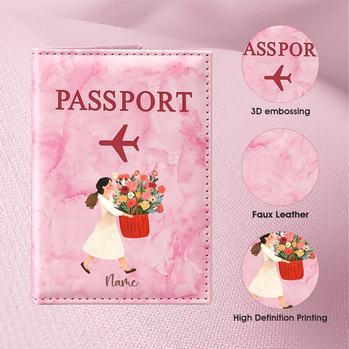 Personalized Custom Name Floral Illustration Design PU Passport Holder, with a Red Bucket of Flowers And a Walking Female Figure