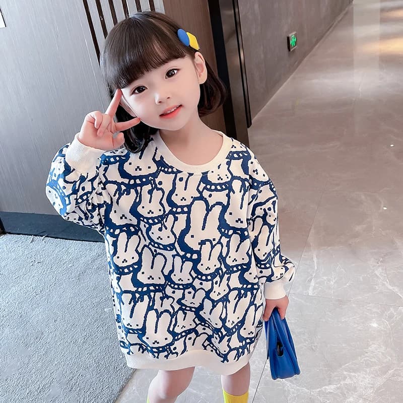 Girls' Spring and Autumn Clothing, Children's Mid-Length T-Shirt, Toddler Long-Sleeved Loose Top, Cute Cartoon Rabbit Sweatshirt Dress
