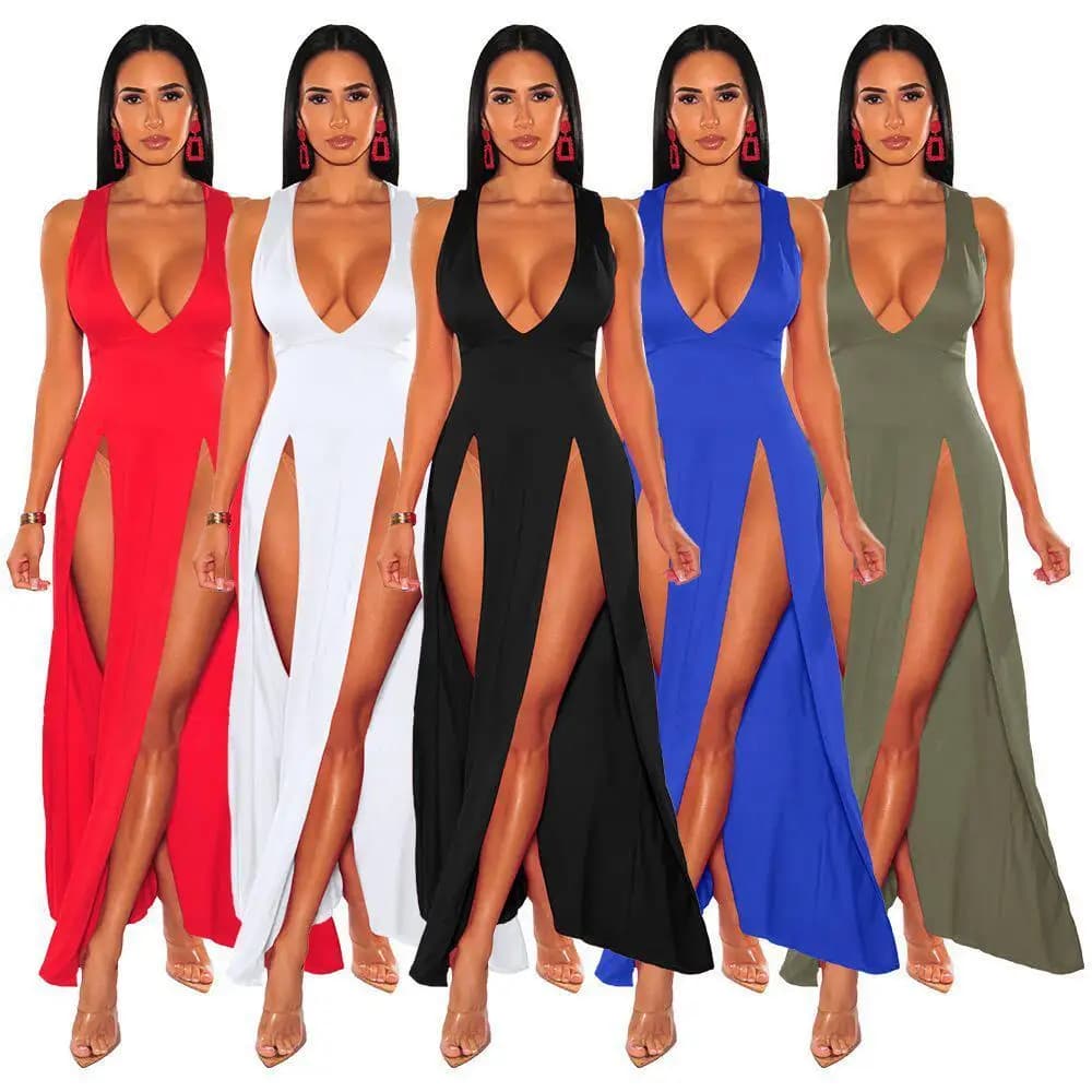 Summer New Long Dress Deep V Slit Multi Color Wrap Club Women's Skirt High Waist Irregular Hemline No Sleeve V Neck Gown