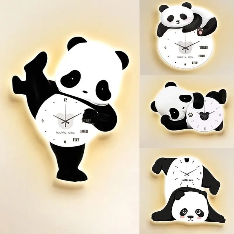 Small Panda Clock Wall Clock Living Room Porch Decorative Painting Wall Lamp New Online Celebrity Punch-free Silent Clock Wall.