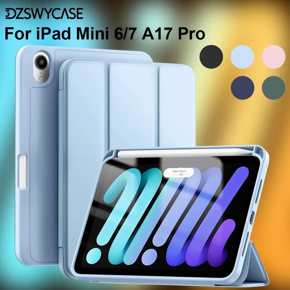Per iPad mini 7a/6a generazione A17 Pro Custodia da 8,3 pollici, con portapenne, copertura con supporto a tre ante, retro morbido in TPU, spegnimento/riattivazione automatica