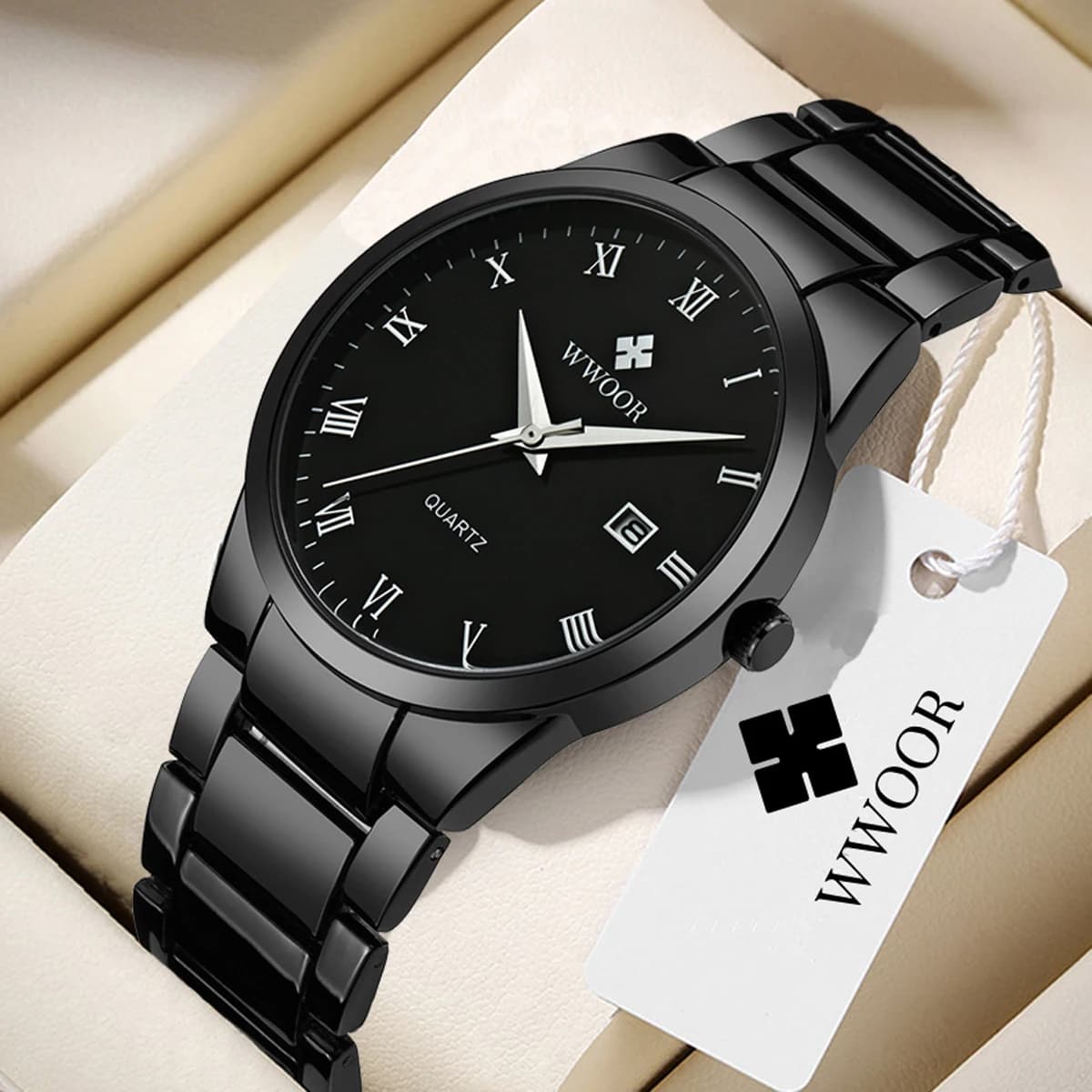 Orologi da uomo classici WWOOR in acciaio inossidabile, impermeabili, con data, numeri romani, orologio da uomo di marca di lusso, orologio al quarzo.