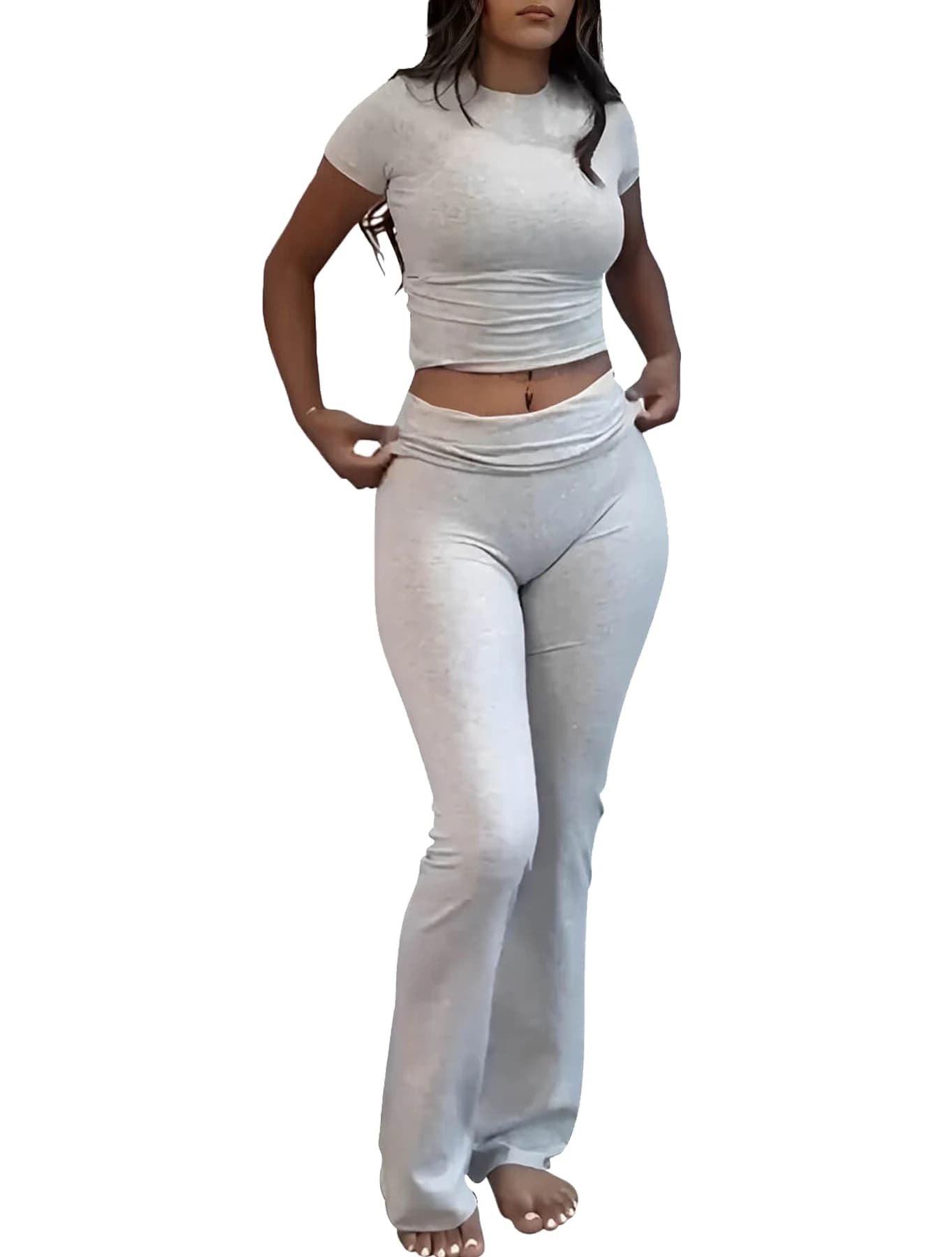 Completi da allenamento casual in due pezzi per donna Manica corta Crop Vita alta Pantaloni svasati pieghevoli Set di tute Streetwear