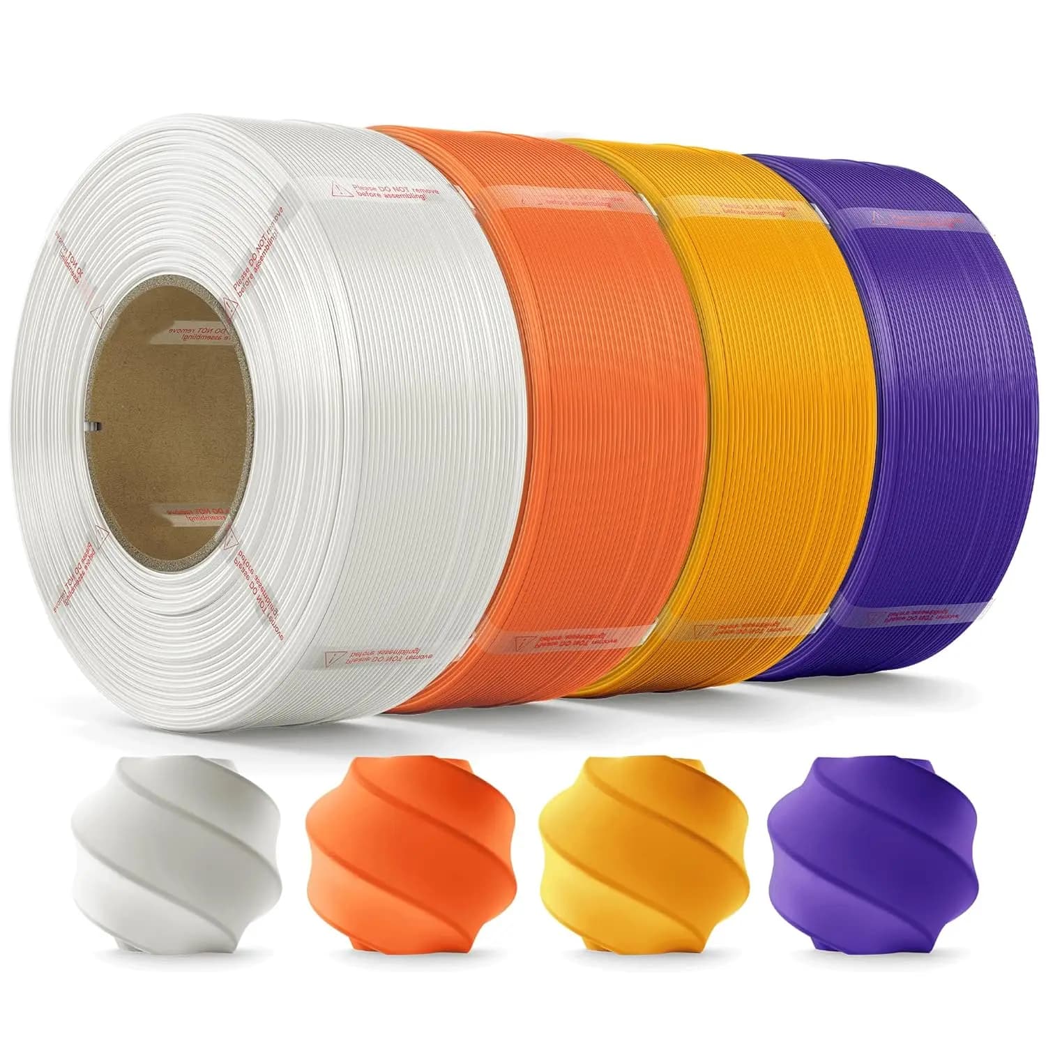 Filamento PLA 1,75mm, Confezione da 4, Ricarica da 4kg per Bobine Riutilizzabili, Bianco+Arancione+Giallo Scuro+Viola