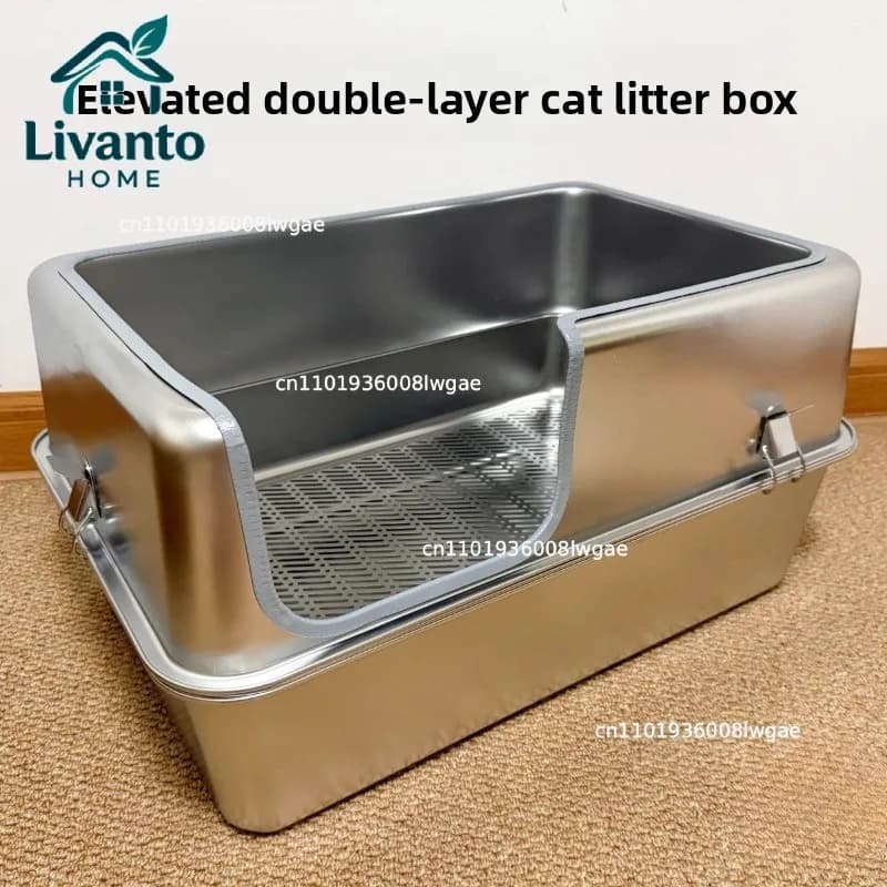 Lettiera per Gatti Grande 60cm con Parte Superiore Aperta, Vassoio in Acciaio Inossidabile a Bordi Alti Anti-Schizzi, Doppio Strato, Toilette Jumbo per Animali Domestici