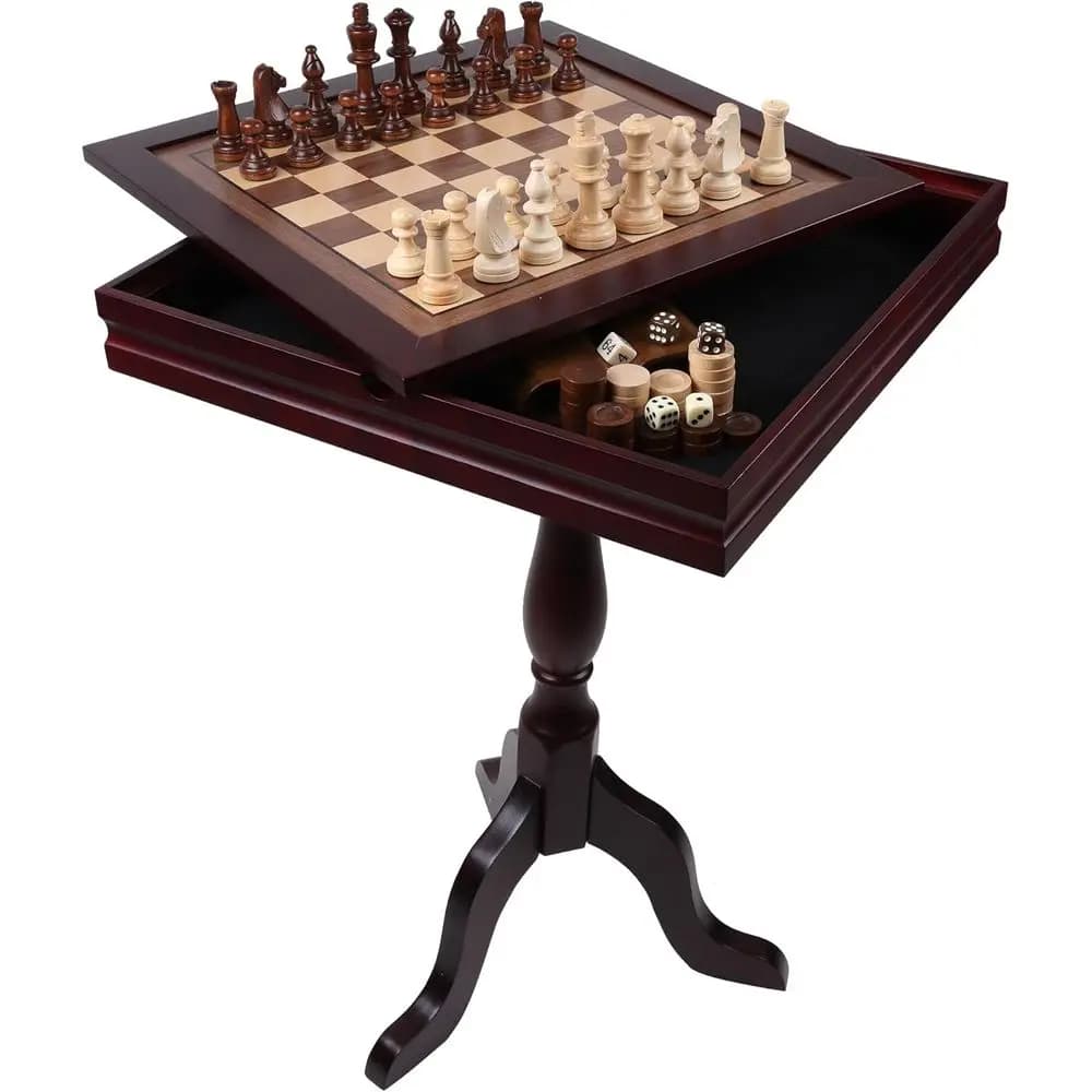 3-in-1 Wooden Checkers, Backgammon, and Game Table Set with Storage for Family Board Games