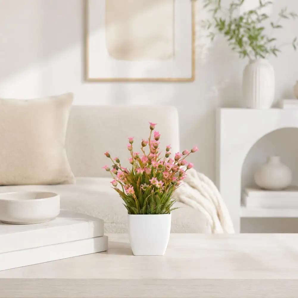 Artificial Flowers Realistic Dried Flower Decor Simulated Small Potted Plants with Pink Faux Flowers Realistic Desktop for Home