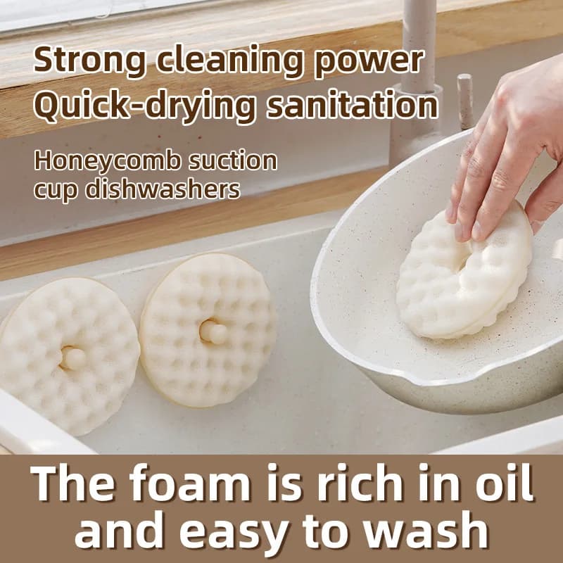 Sponge for donut-shaped dishes, magic tool with suction cup, abrasive sponge for washing dishes, wooden pulp sponge cloth for cleaning the kitchen