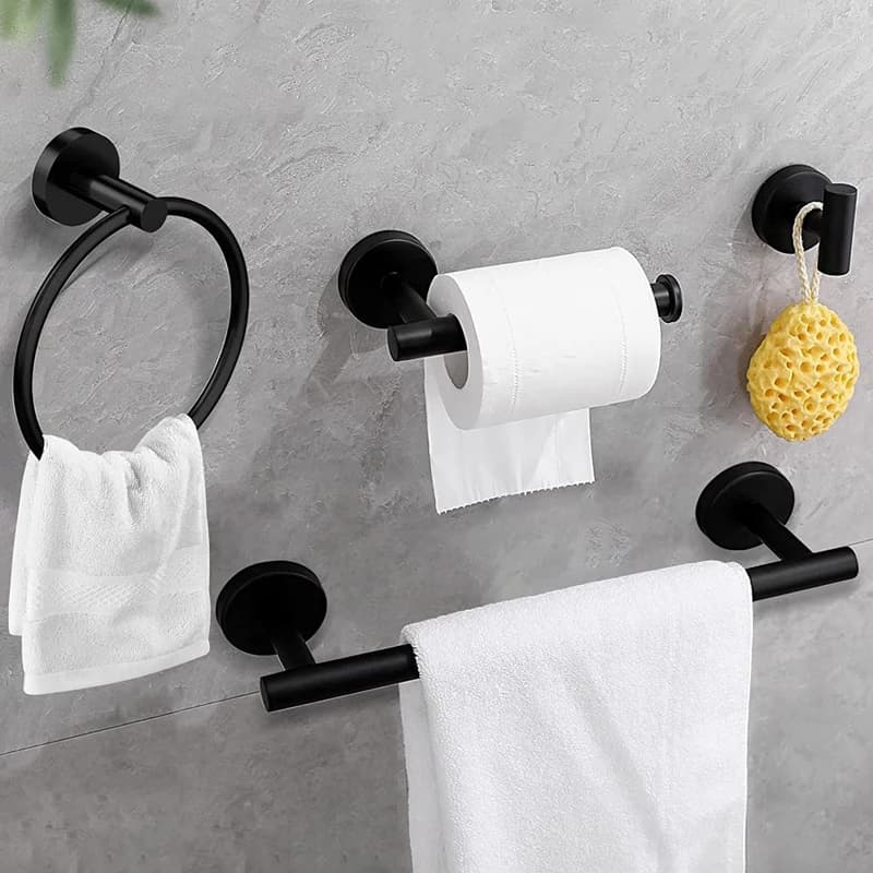 Set di Accessori per Bagno in Acciaio Inox Oro Spazzolato: Portarotolo, Portasciugamani, Anello Portasciugamani, Gancio Appendiabiti