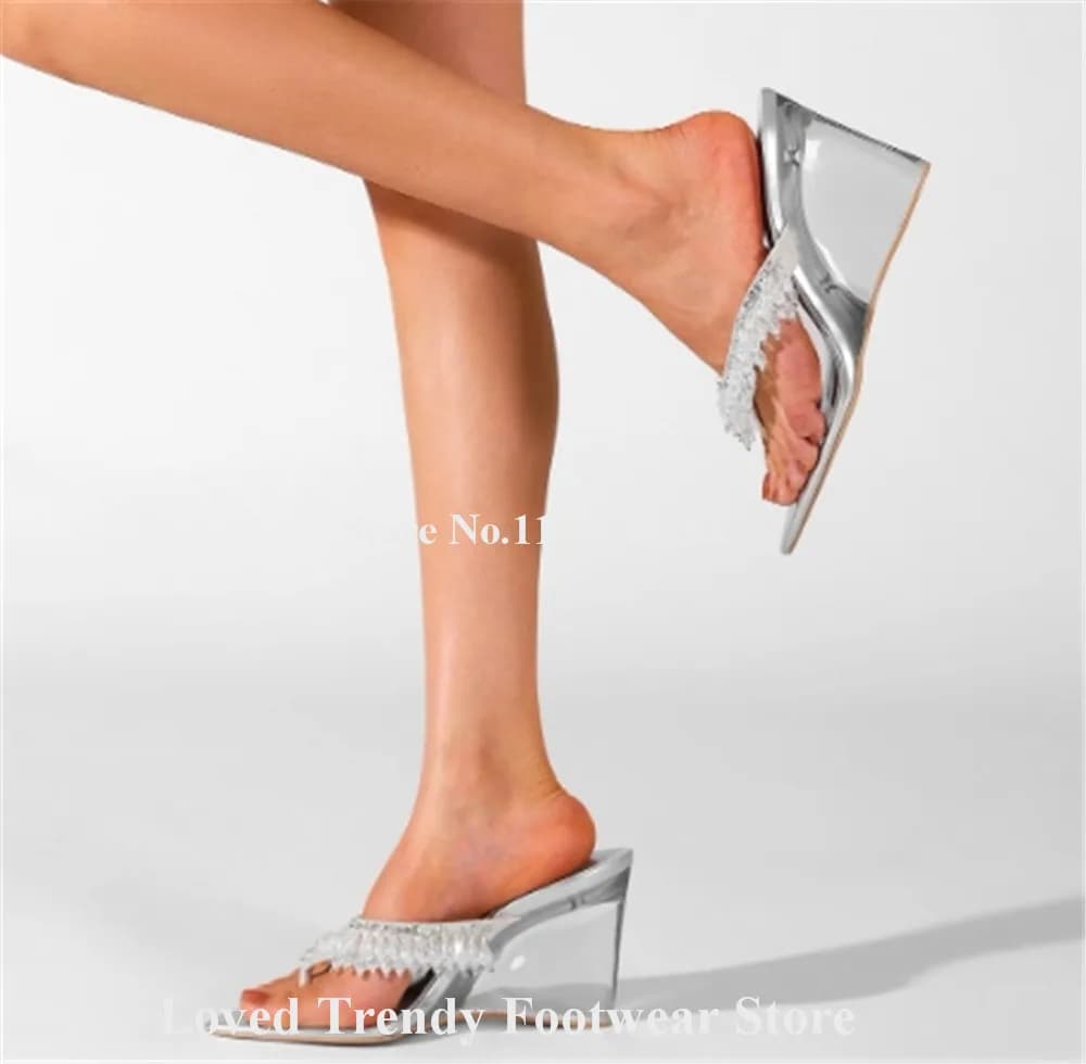 Emeline Dubois Bling Bling Charming Rhinestones Transparent Wedge Sandals Sexy Silver Clip-toe Crystal Slip-on Sandals