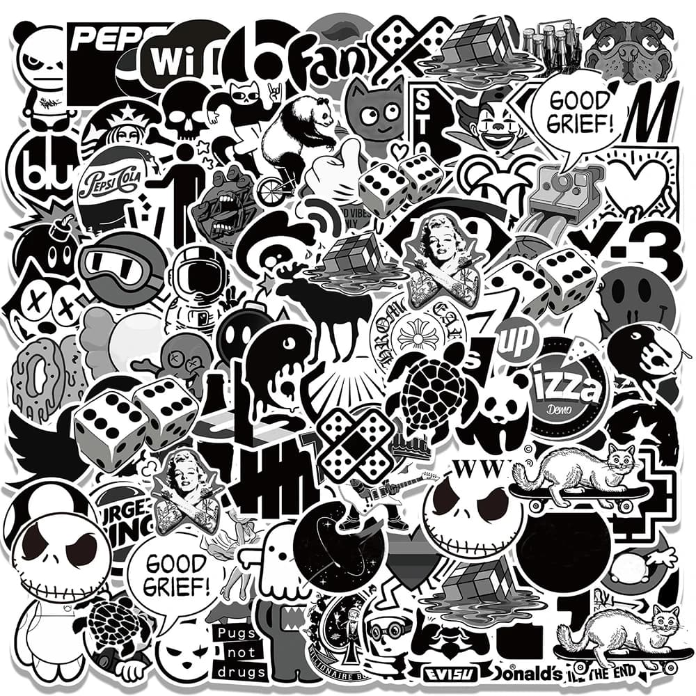 10/30/50/100pcs Nero Bianco Marchio di Moda Logo Adesivi Cool Graffiti Decalcomanie Telefono Notebook Skateboard Adesivo Impermeabile Decor