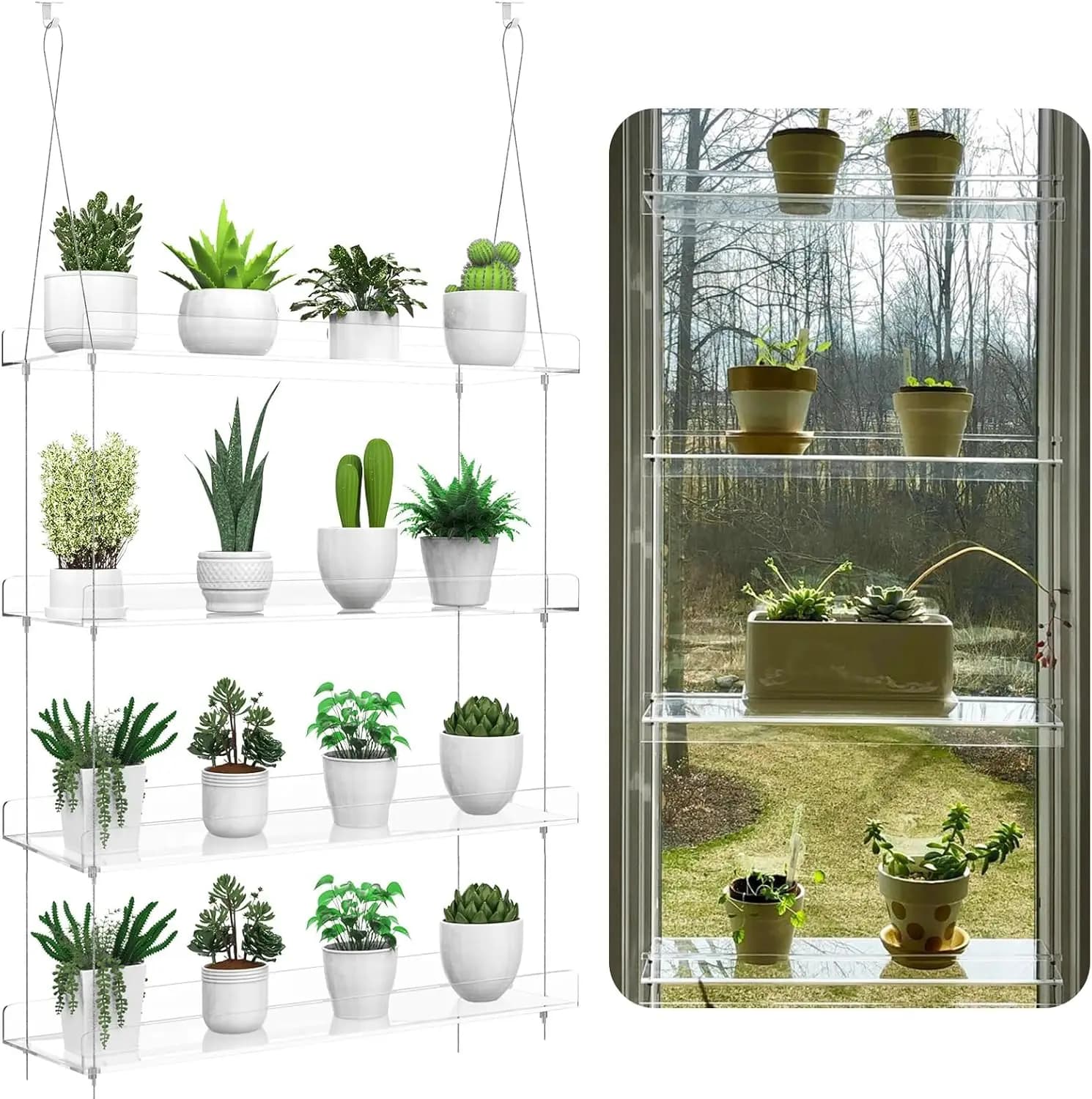 Scaffale a 4 livelli in acrilico trasparente per piante da appendere, per finestre, giardini interni e esposizione di vasi, 40 cm per livello