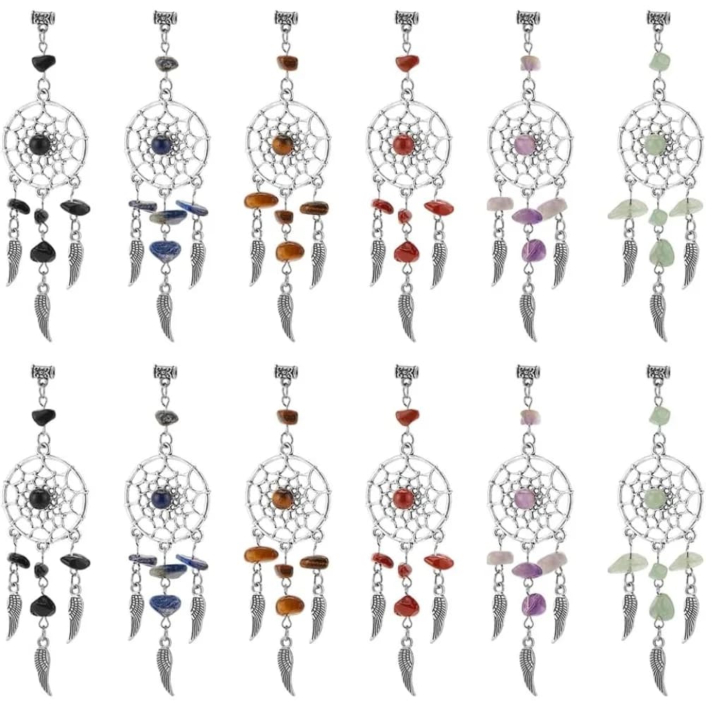 12pcs 6 Colors Dream Catcher Charms Antique Silver Charms Dream Catcher Gemstone Chip Charms Charms with Feather Pendants