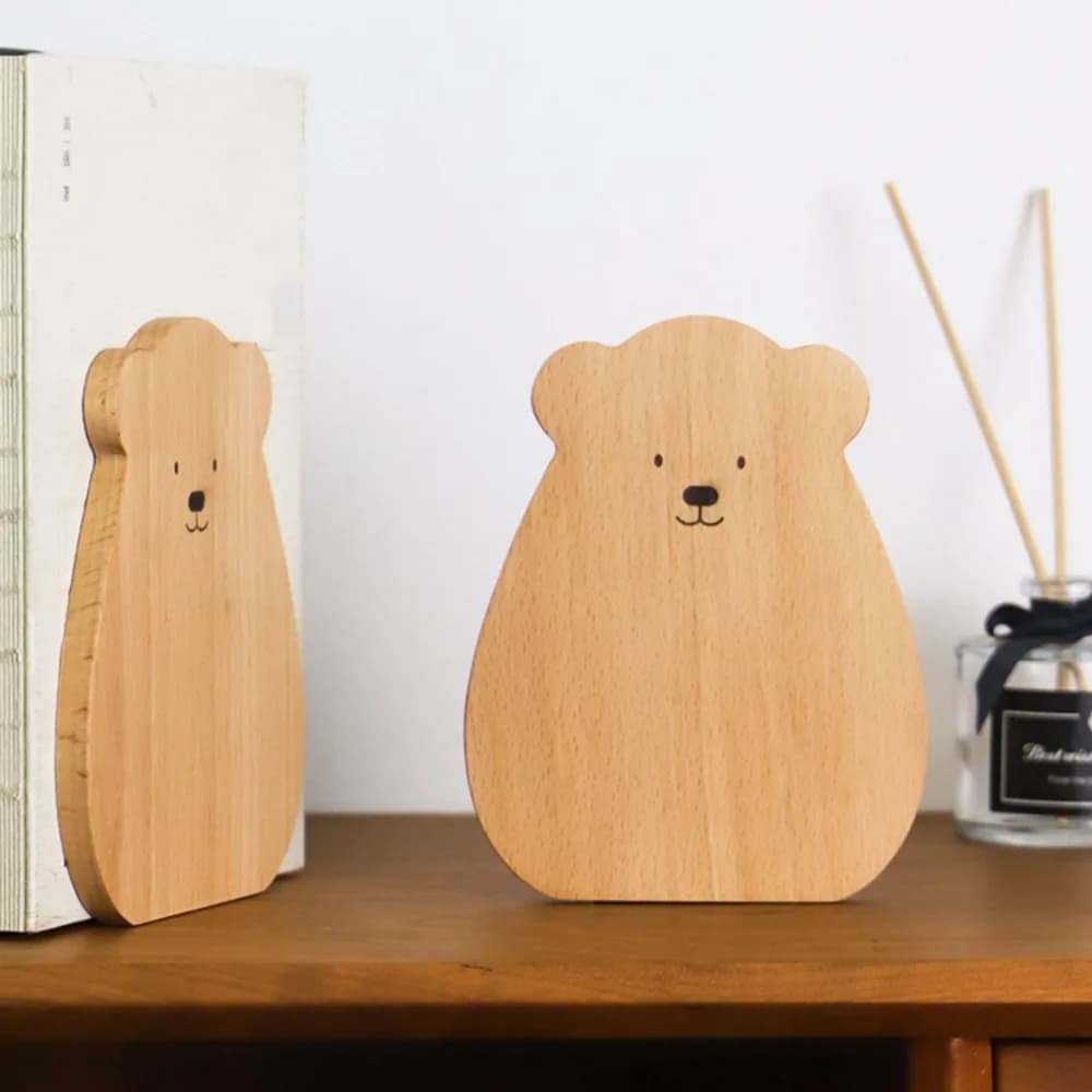 Fermalibri a forma di orso in legno, organizer per libri a forma di animale, organizer da scrivania a L in noce, riutilizzabile
