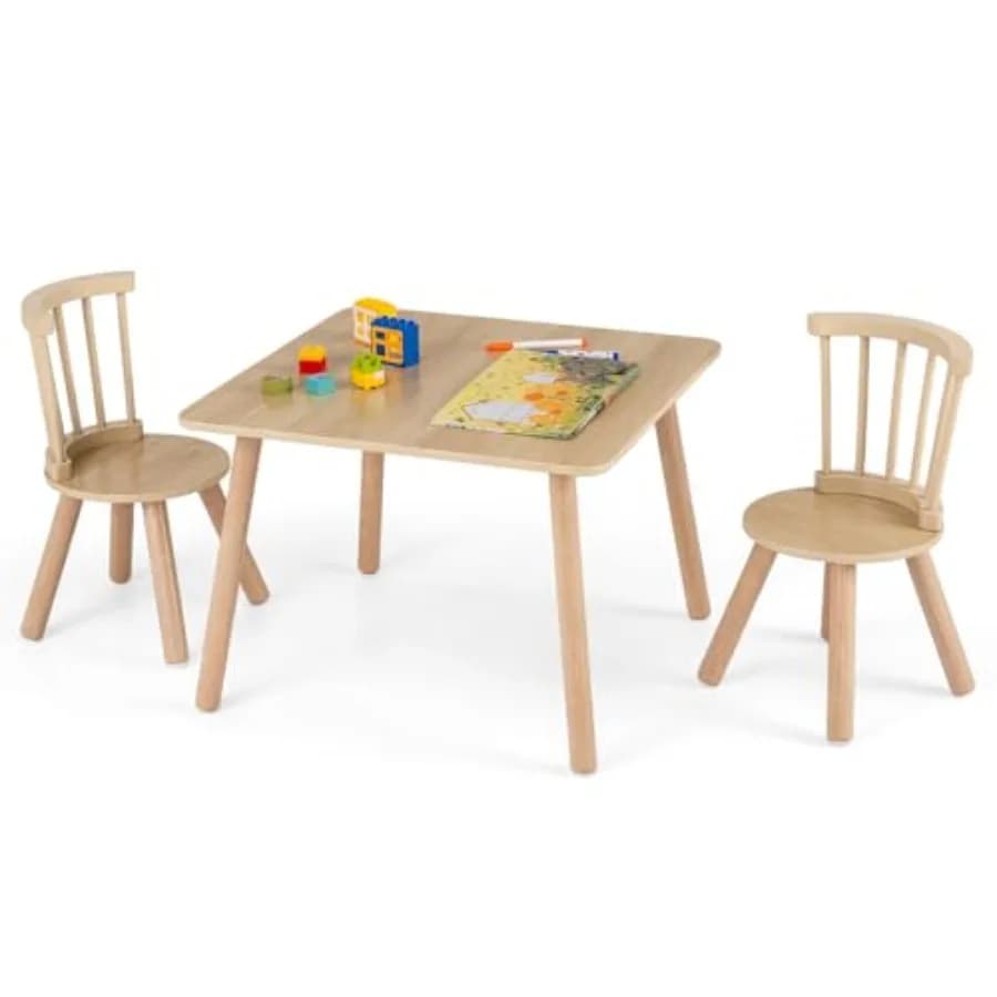 Set Tavolo e Sedie per Disegno Artistico e Lettura, Mobili in Legno Naturale con Sedie Windsor con Schienale a Fuso, Robuste
