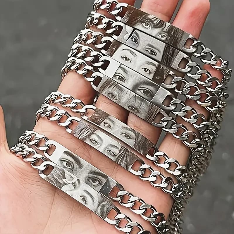 Bracciale personalizzato con incisione dell'immagine dell'occhio Bracciale a maglie cubane per uomo Donna Coppie Gioielli per anniversario Regalo di compleanno personalizzato