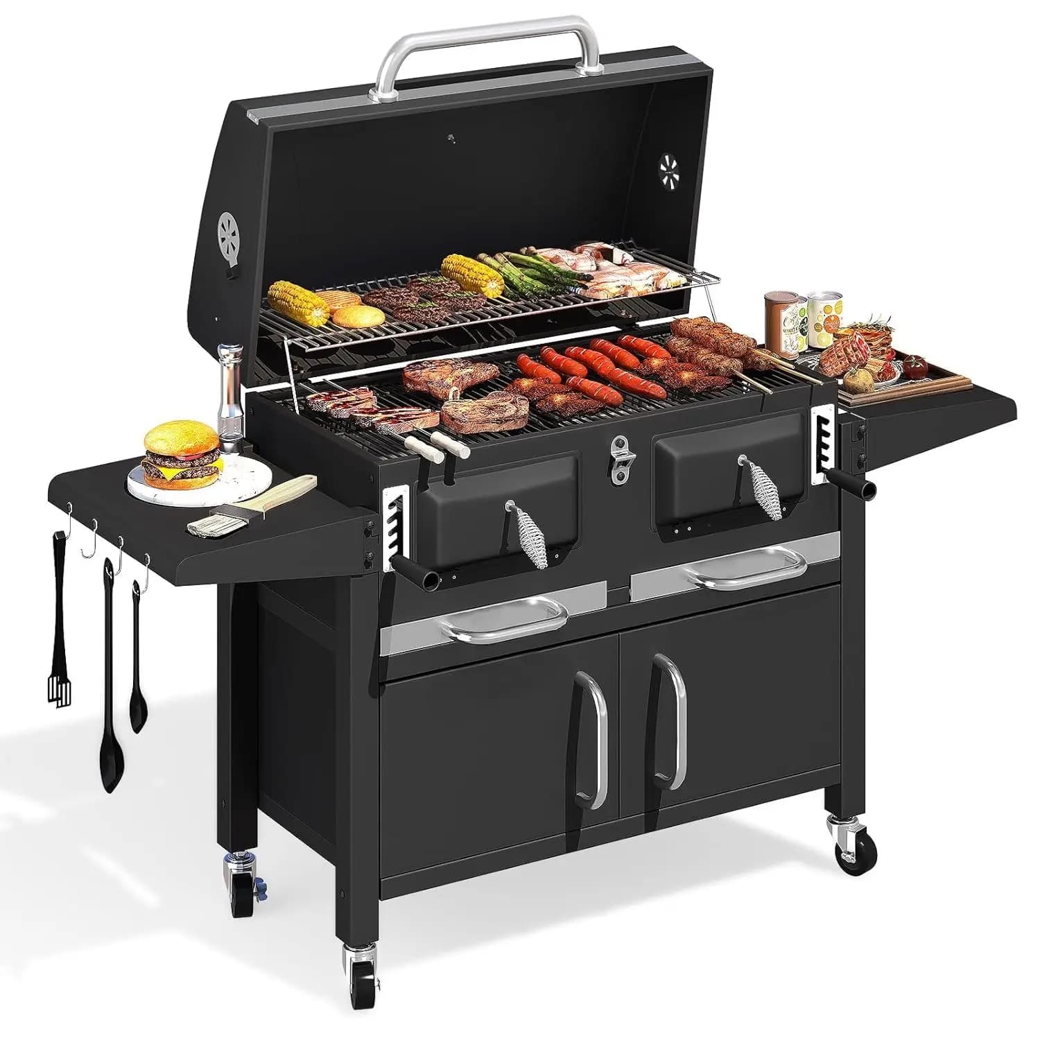 Barbecue a carbonella da 36 pollici con area BBQ di 620 pollici quadrati, armadietto, vassoi a doppio sollevamento, tavoli pieghevoli, termometro, per patio esterno, personalizzabile