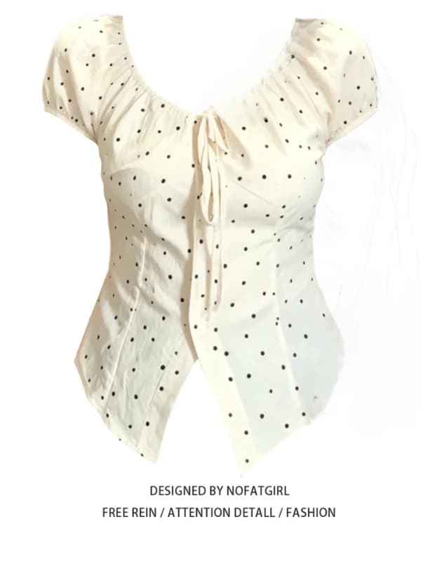 Romantic Polka Dot Bubble Sleeve Shirt Women's Summer New Square Collar Belt Design Sense Top plus Size Comfortable Breathable