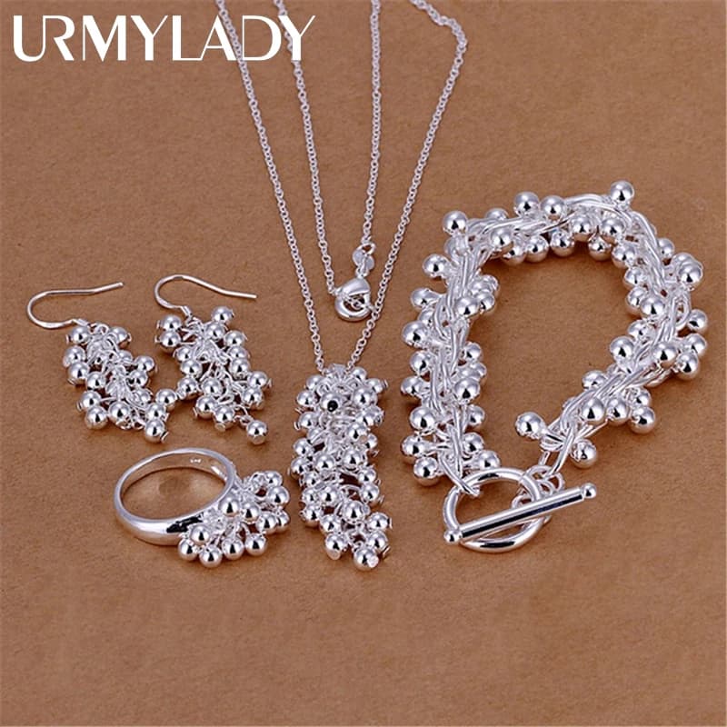 Set di gioielli in argento sterling 925 alla moda, orecchini, bracciale, anelli, collane per donne, perline d'uva pregiate, pendenti, regali per feste di nozze