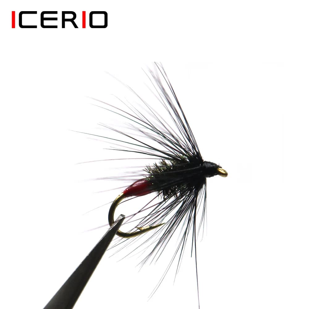 ICERIO 8PCS Nero & Peacock Spider con Hot-Spot da Mak Dry fly tying Flies rosso coda Bagnato fly #12