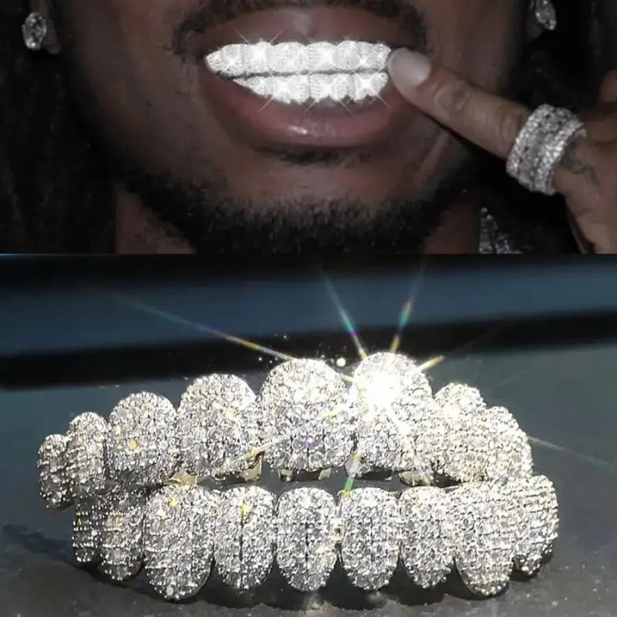 RACHELZ Hip Hop 10/10 Iced Out CZ Pietra Denti Grillz Punk Rapper Cubic Zirconia Dente Caps Per Le Donne Degli Uomini Gioielli Regalo Di Natale