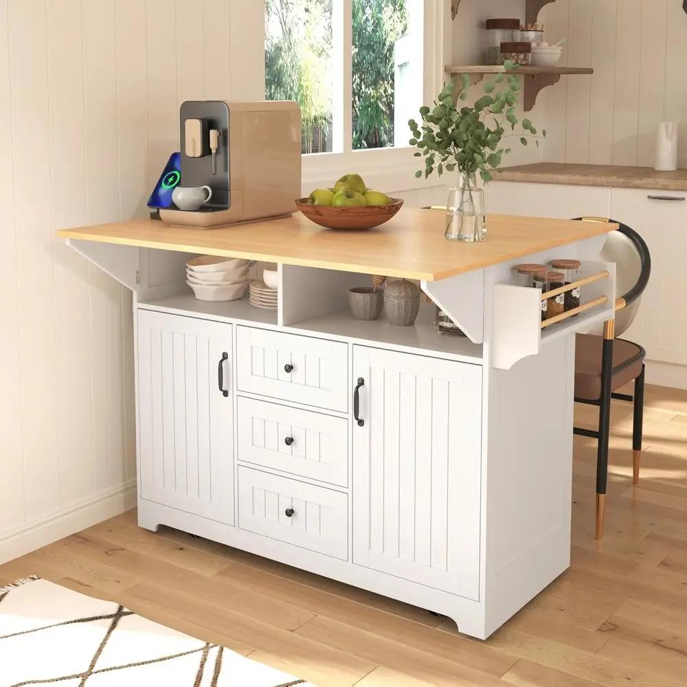 Isola da Cucina Mobile con Piano Ribaltabile, Carrello con Ruote, Presa di Corrente, Portaspezie, Portasciugamani, Piano in Legno, Spazio di Archiviazione, Bianco Portatile