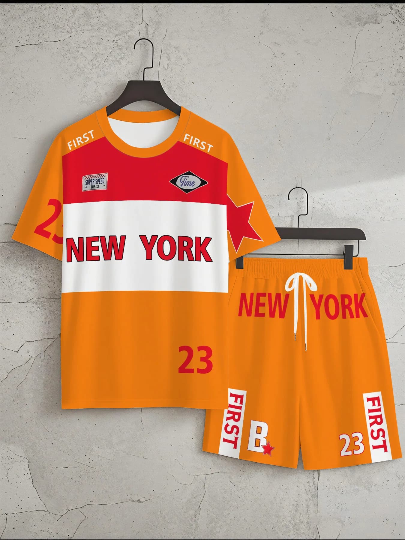 Set Estivo da Uomo Americano con Stampa Lettering, T-shirt Comoda e Traspirante a Collo Tondo e Pantaloncini con Coulisse, Abbigliamento Casual da Esterno