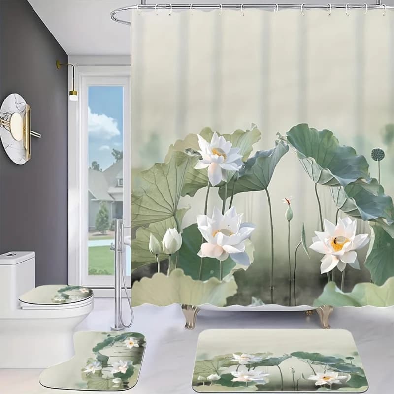 Set di tende da doccia di lusso con loto bianco con 12 ganci gratuiti: include una tenda impermeabile, tappetino da bagno antiscivolo, coprisedile per WC, a