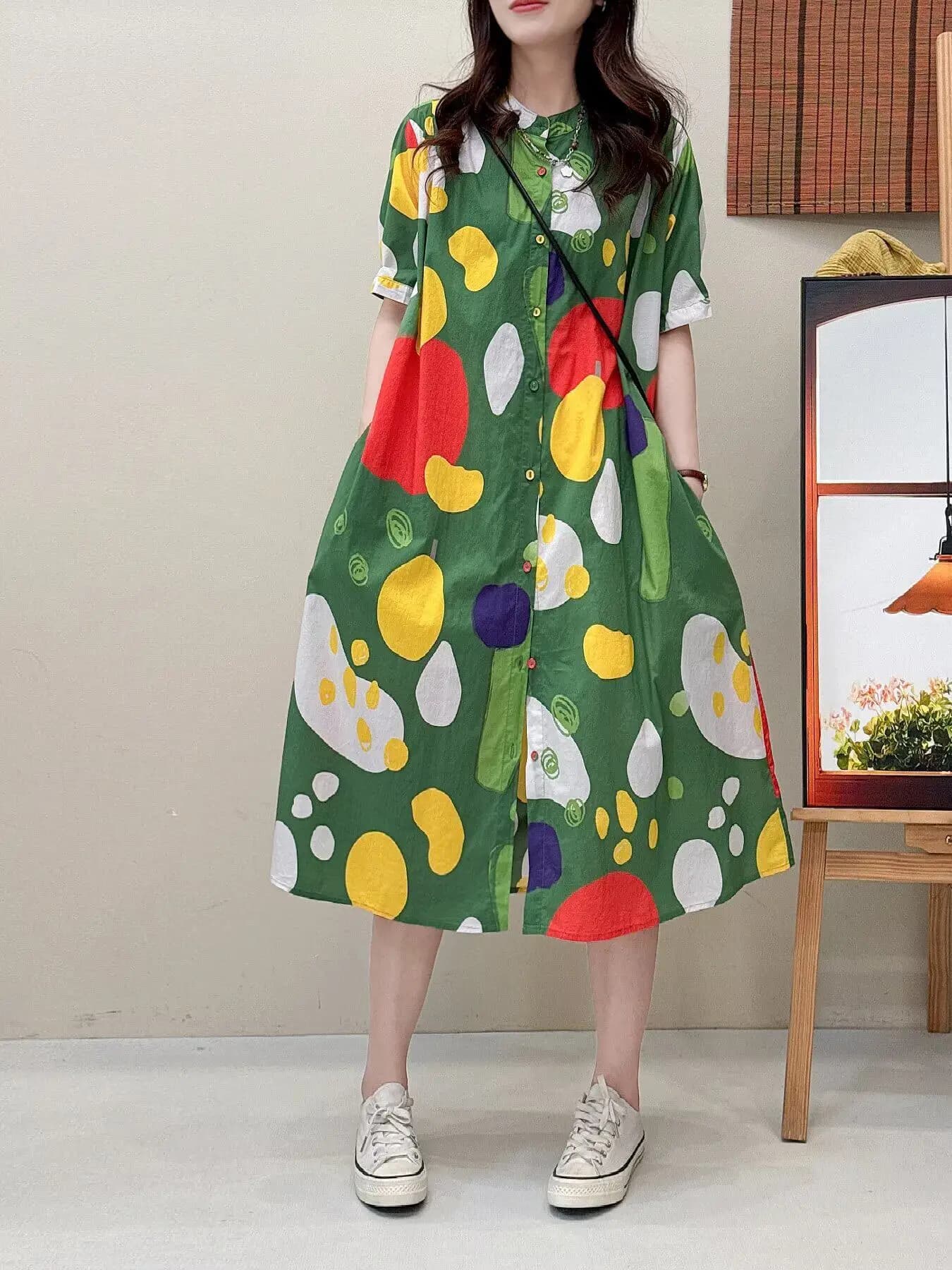 Abito chemisier estivo a maniche corte, design originale, stile Harajuku, in puro cotone con stampa geometrica, per donna.
