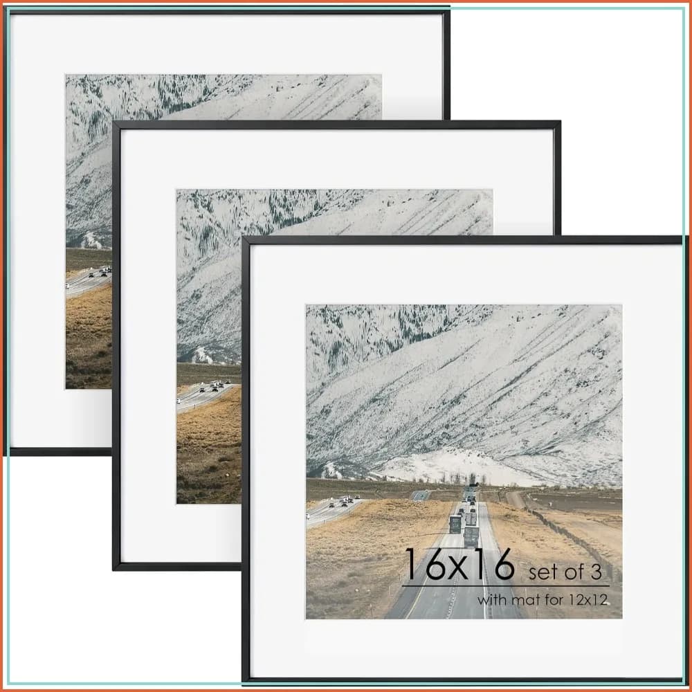16x16 Metal Square Picture Frame for Wall with Mat for 12x12, Aluminum Photo Frames with Tempered Glass, Minimalist Modern Poster Frame Set of 3, Black