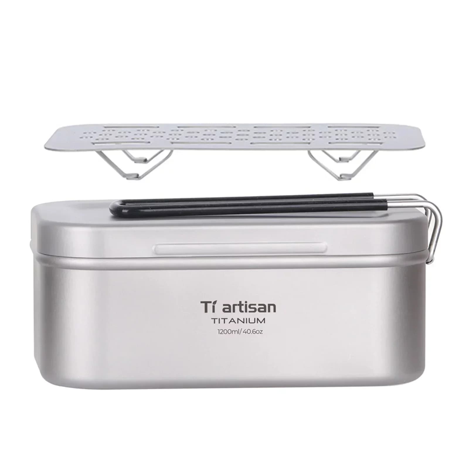 SPORTFUNSF 800ML Titanio Lunch Box Contenitore per alimenti da campeggio Scatola di latta con cremagliera per cottura a vapore Maniglia pieghevole con sacco di stoccaggio Nuovo