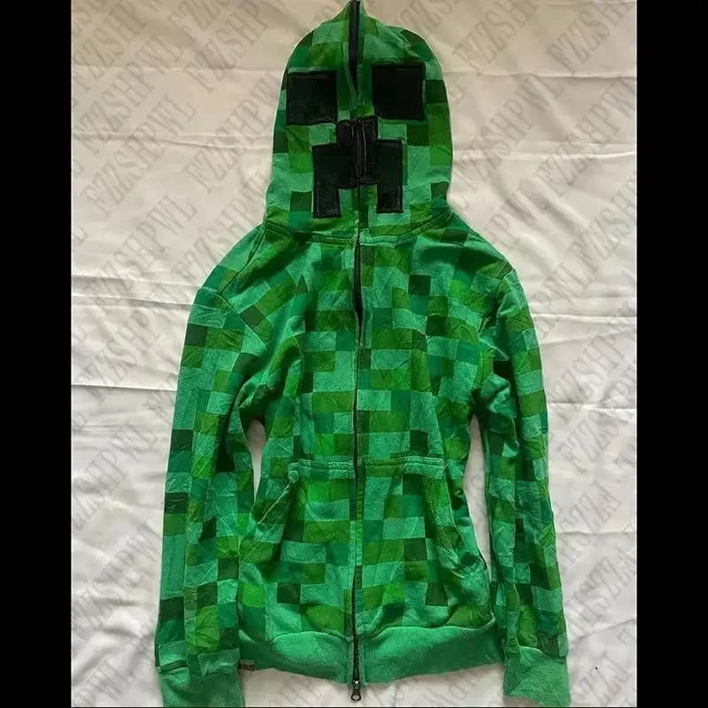 Premium Cosplay Outfit EMO Y2K Zip up Lattice Harajuku Graphic Print Hip Hop Loose Jacket Retro Gothic Top Casual Punk Zipper Ho