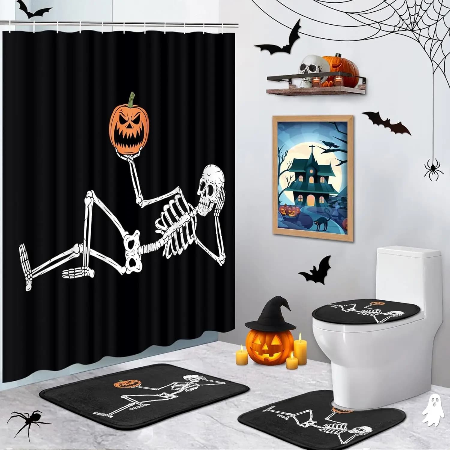 Set di tende da doccia di Halloween con tappeti Set da bagno con scheletro di Halloween e zucche con tappeto antiscivolo, copri coperchio per WC