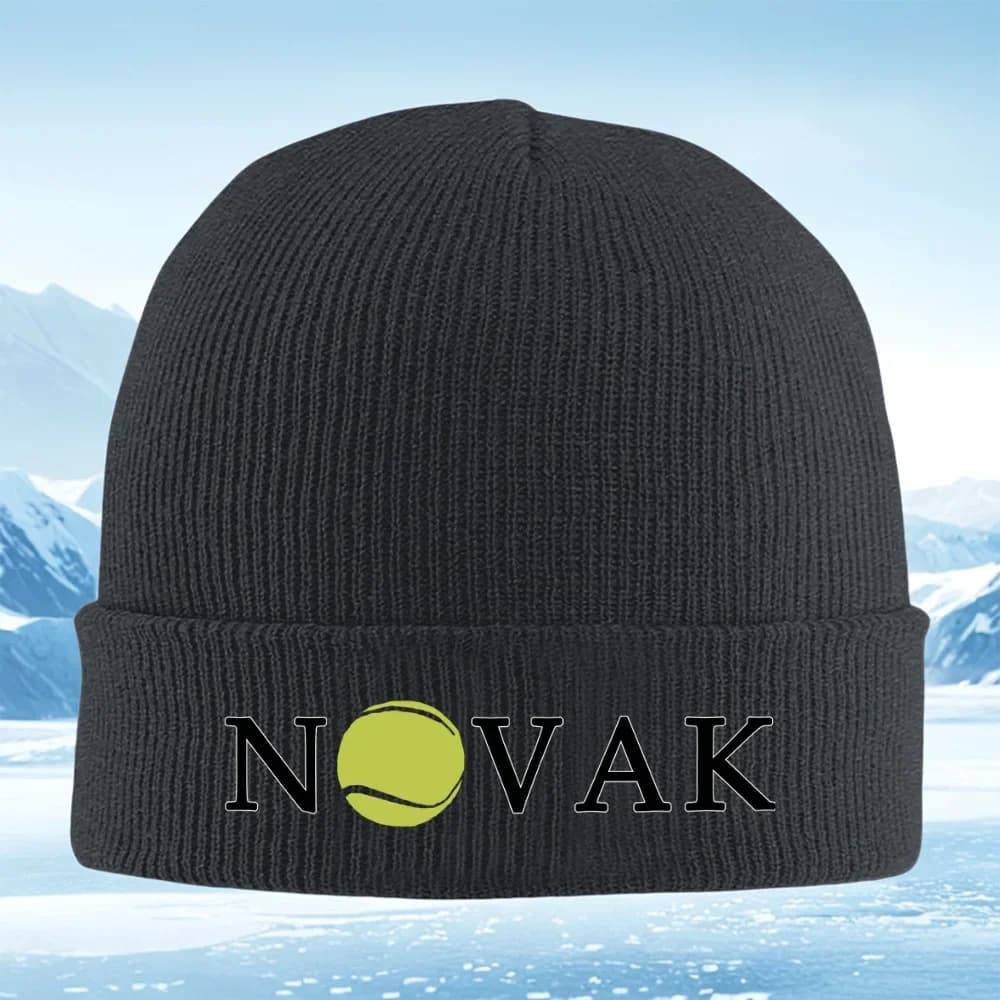 Cappello lavorato a maglia unisex con design a pallina da tennis e lettere, sfondo nero, per uomo e donna, berretto invernale termico caldo per Natale