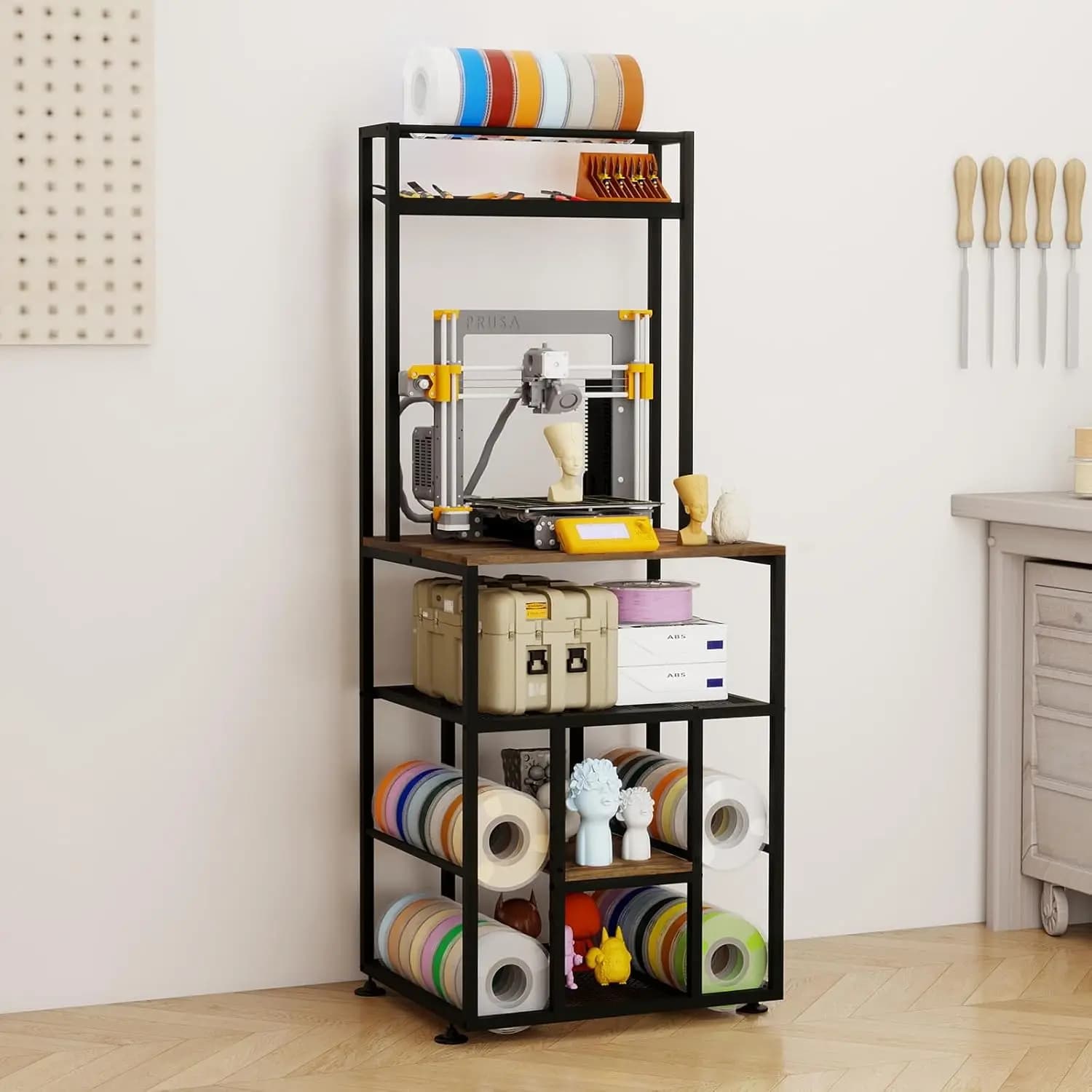 Supporto per Stampante 3D a 3 Livelli con Porta Filamenti, Organizzatore Robusto per Bobine PLA ABS PETG, Compatibile con Stampanti FDM SLA in Resina, Scaffale Durevole per Officina