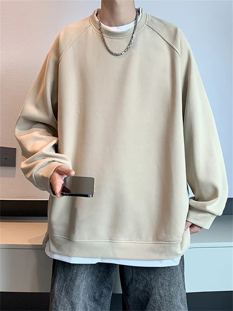 Heavyweight Fake Two-Piece Hoodie Men's Loose round Neck Long Sleeve T-Shirt Korean Style Casual Versatile Base Layer O...