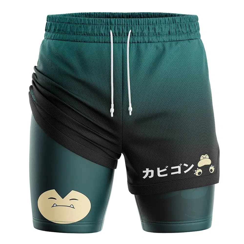 Bandai Pocket Monster Snorlax Anime Pantaloncini da palestra unisex a doppio strato 2 in 1, estivi, ad asciugatura rapida, morbidi, comodi e leggeri