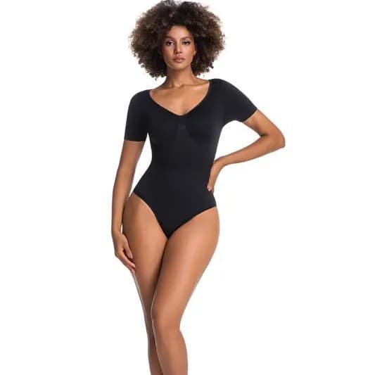 Body modellante senza cuciture a maniche corte con scollo a V, contenitivo a vita alta con bottoni, invisibile, monopezzo per il controllo della pancia