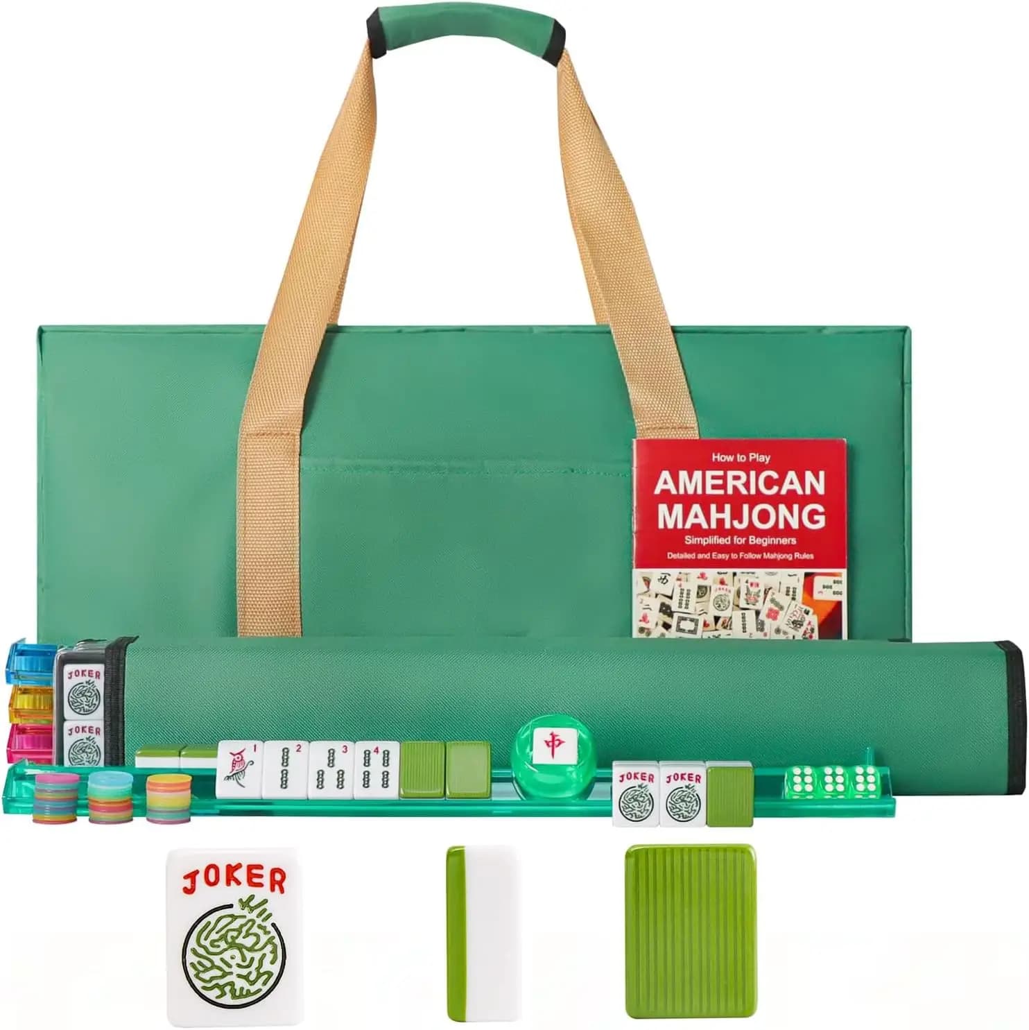 Set Completo di Mahjong Americano, 166 Tessere Verdi, 4 Supporti con Spintori, Borsa per il Trasporto