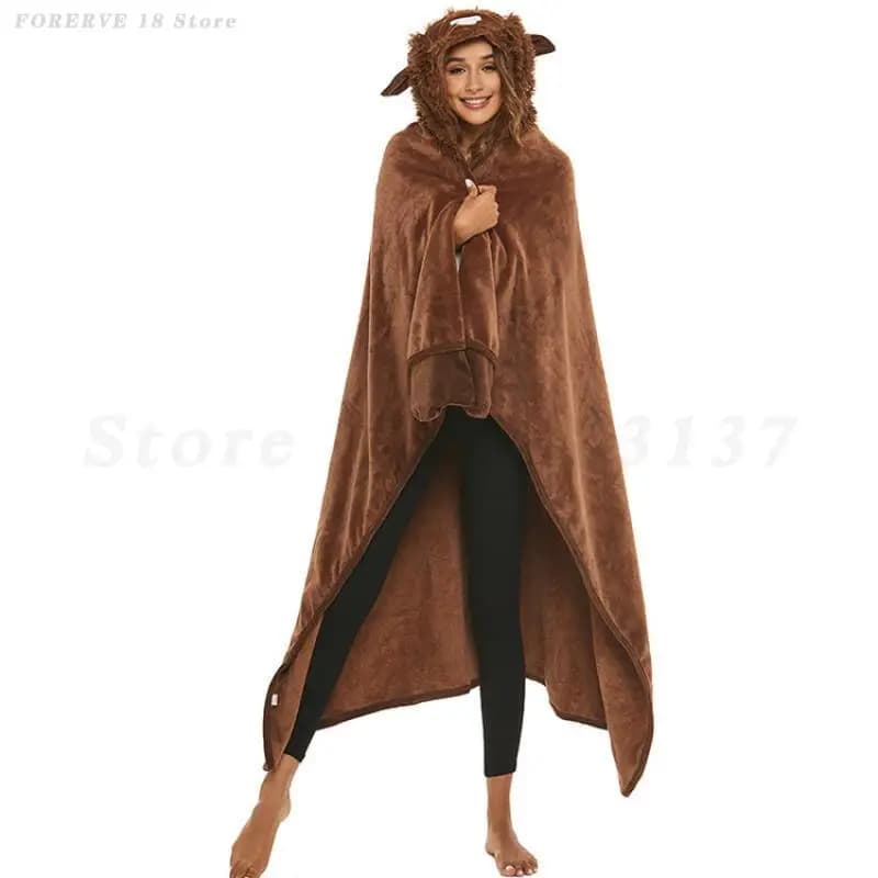 Winter Warm Hooded Blanket Robe for Women Animal Cartoon Wearable Lazy Pajama Gown Soft Long Bathrobe Loungewear Home Clothes