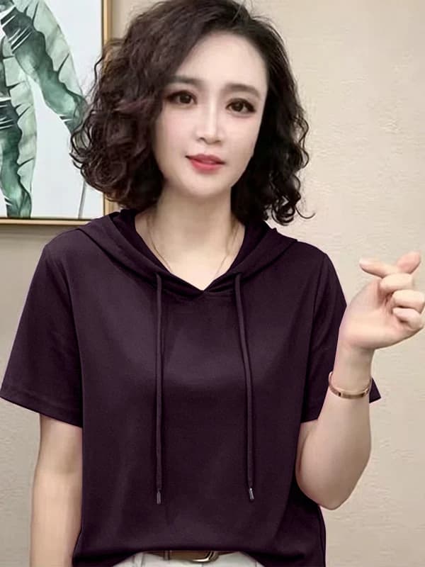 Summer Women's Loose Fit Hoodie T-Shirt 95 Cotton Short Sleeve Color Slimming Belly Covering Versatile Fashionable Top